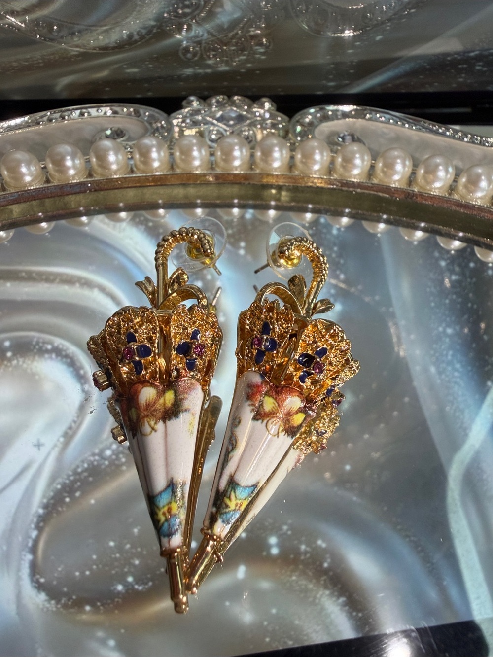 Gold Floral Porcelain Cone Drop Earrings - Elegant Women’s Jewelry